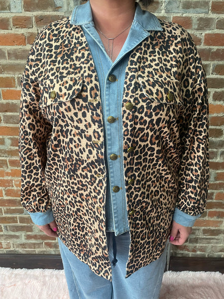 Brown Leopard Double Layered Denim Thermal Jacket