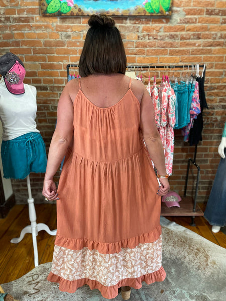 Gigio Long Orange Dress w/ Hawaiin Print Plus Size