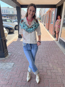 Ivory Printed Western Yoke Button Down Short Sleeve Top