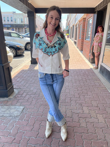 Ivory Printed Western Yoke Button Down Short Sleeve Top