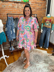 Powder Pink Multi Color Floral Dress w/ Puff Sleeves Plus Size