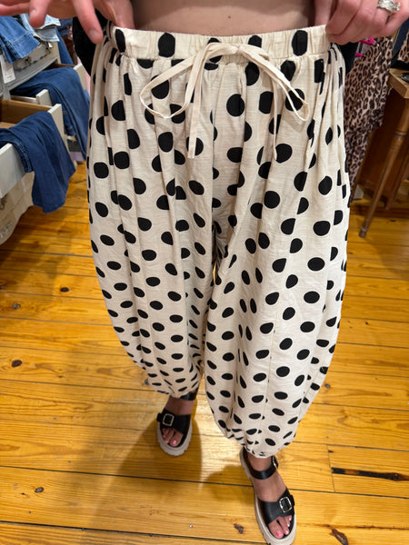 Black Polka Dot Printed Woven Elastic Waist Balloon Pants