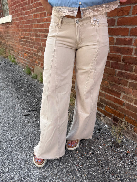 Mesmerize Khaki V Shape Low Rise Baggy Wide w/ Cut Seam Detail Pants
