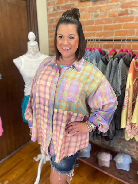 Blush Multicolor Vintage Plaid Block Bleached Shirt