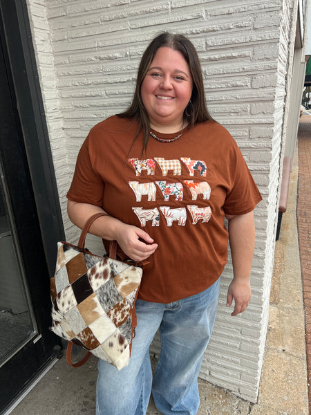 Cows On Repeat on Rust Brown Tee Shirt