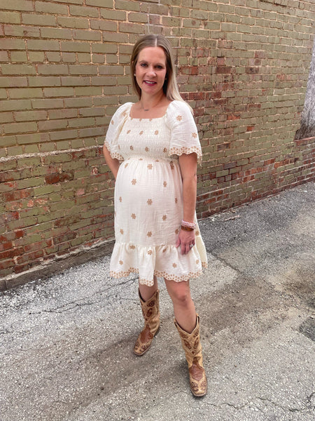 Ivory Wing Sleeves Embroidered Dress