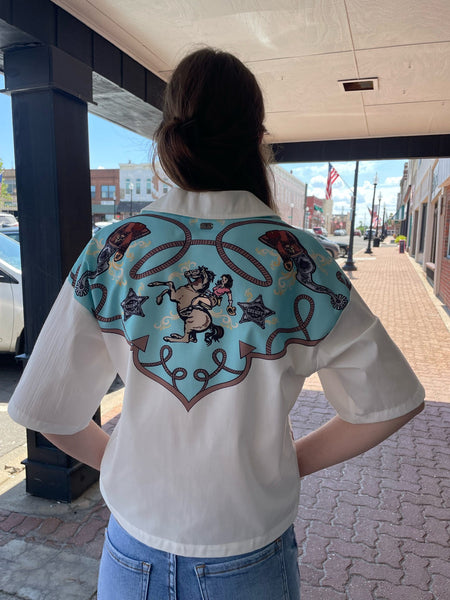 Ivory Printed Western Yoke Button Down Short Sleeve Top