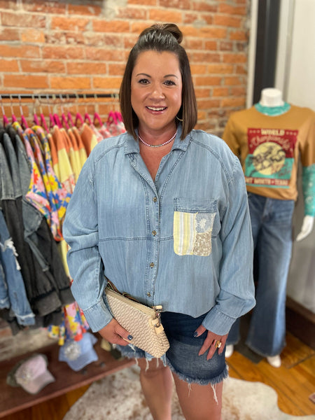 Light Denim Chambray LS Mix Match Patch Top Plus Size