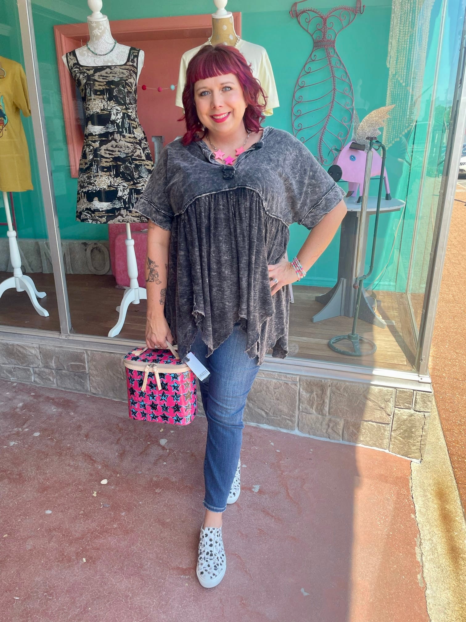 Ashed Black Mineral Wash Boho Flowy Tunic Blouse