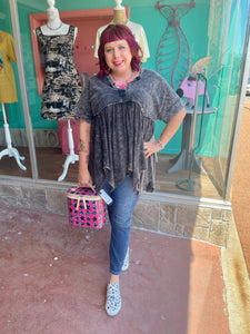 Ashed Black Mineral Wash Boho Flowy Tunic Blouse