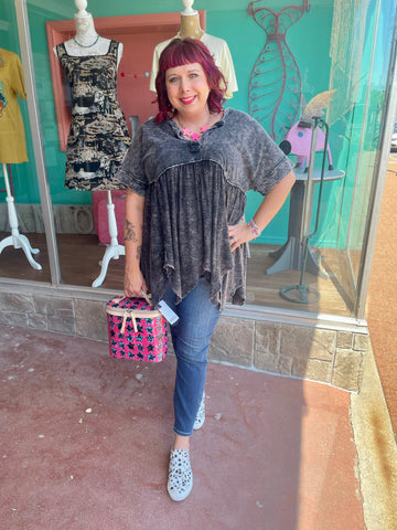Ashed Black Mineral Wash Boho Flowy Tunic Blouse