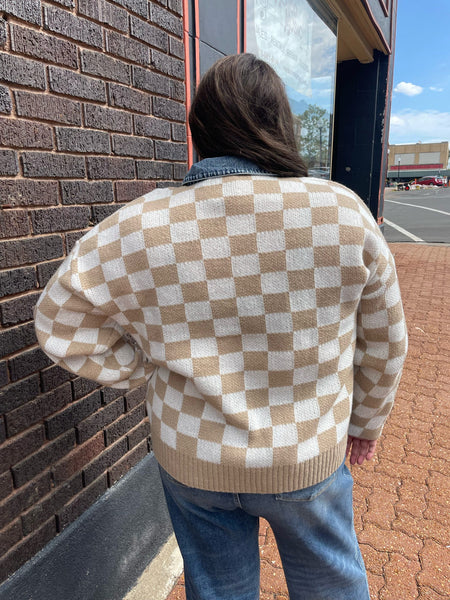 Latte Washed Denim Mix & Match Buttoned Checker Sweater Top Plus Size