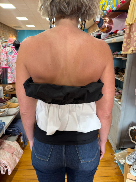 Black/Ivory Ruffle Detailed Off Shoulder Bandeau Top