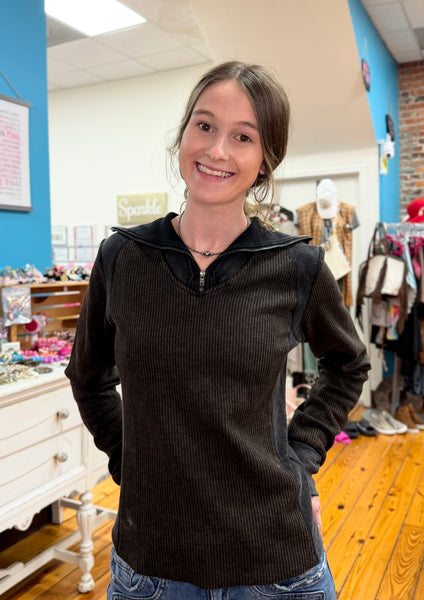 Black Washed Henley Zip Up Neck Waffle Top