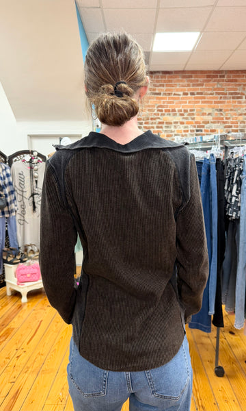 Black Washed Henley Zip Up Neck Waffle Top