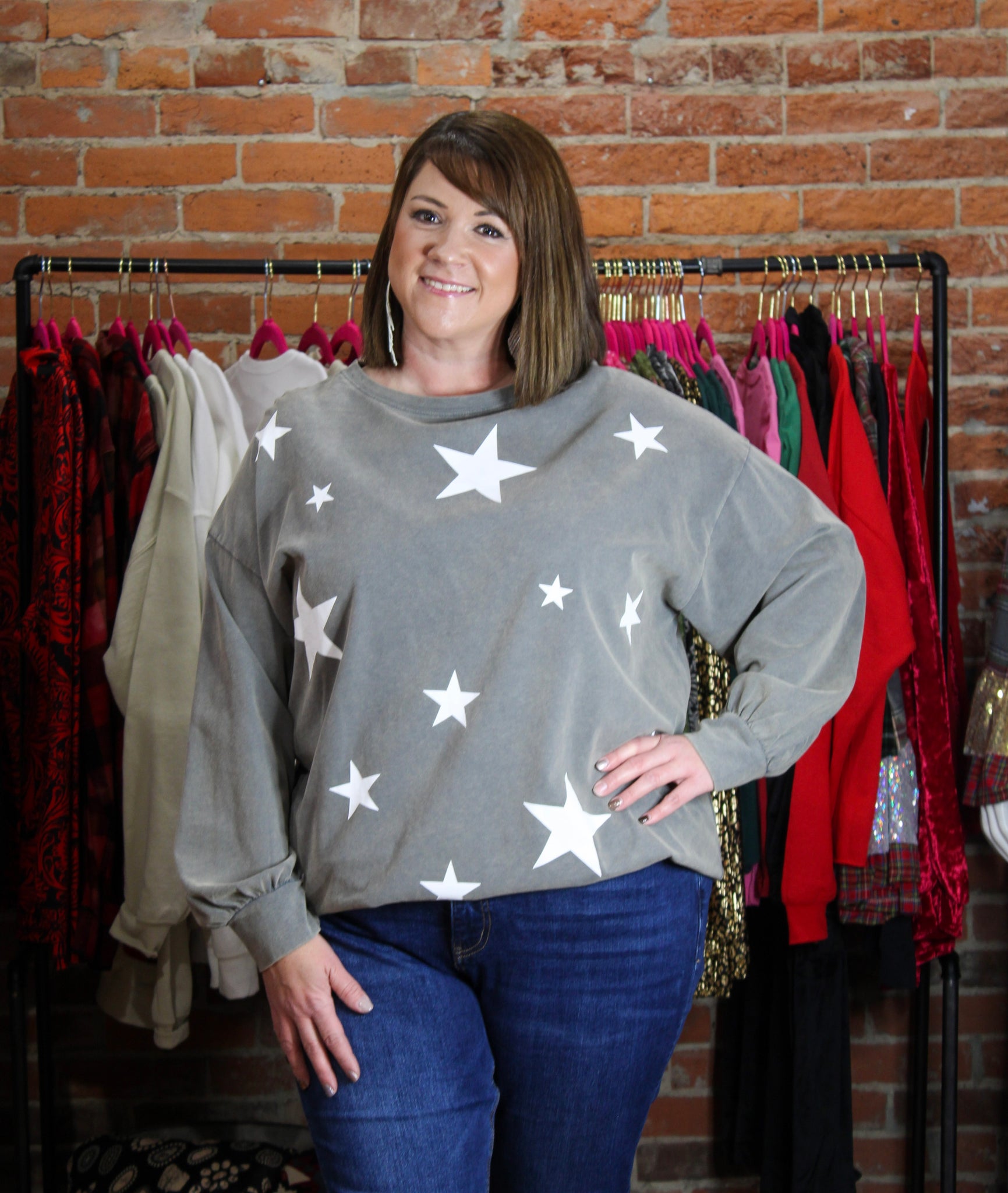 Ash Long Sleeve Star Printed Mineral Wash Top Plus Size