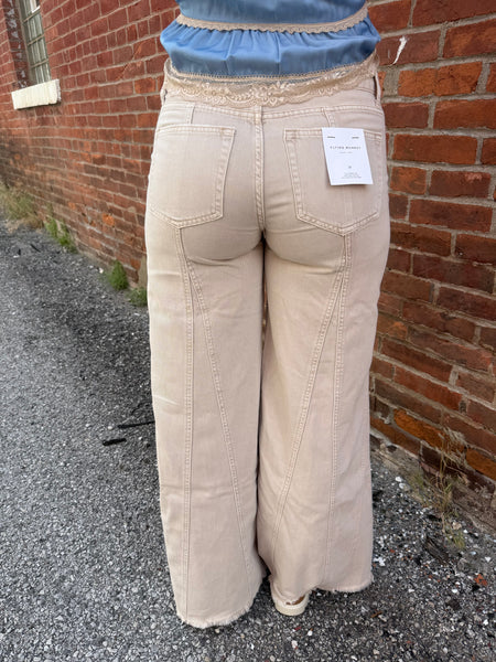 Mesmerize Khaki V Shape Low Rise Baggy Wide w/ Cut Seam Detail Pants