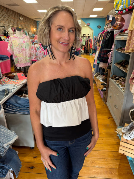 Black/Ivory Ruffle Detailed Off Shoulder Bandeau Top