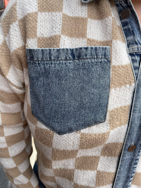 Latte Washed Denim Mix & Match Buttoned Checker Sweater Top Plus Size