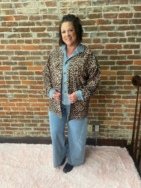 Brown Leopard Double Layered Denim Thermal Jacket