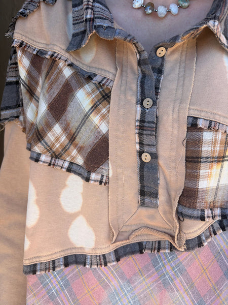 Coffee Bleached Fabric Mixed Long Sleeve Top