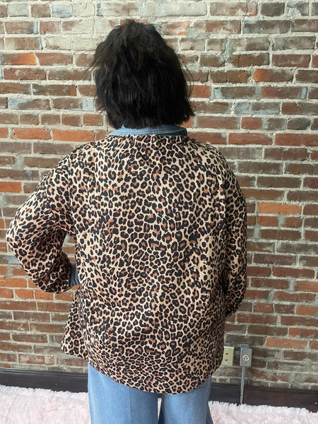 Brown Leopard Double Layered Denim Thermal Jacket