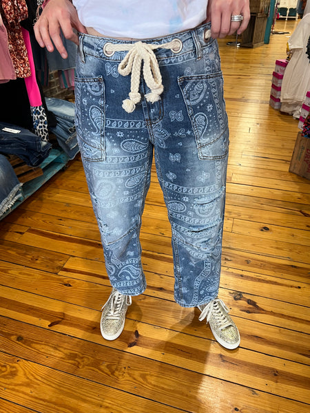 Washed Paisley Patch Print Denim Jeans