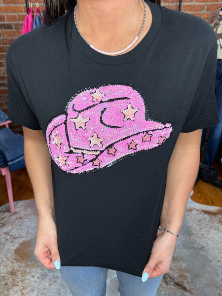 Pink Sequin Cowgirl Hat Tee Shirt On Black