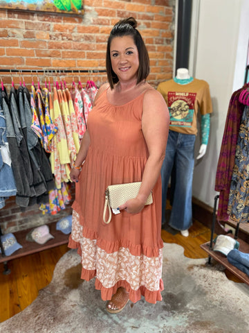Gigio Long Orange Dress w/ Hawaiin Print Plus Size