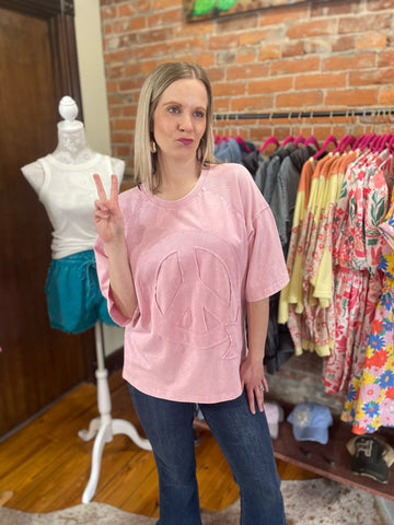 Cotton Pink Short Sleeve Ribbed Peace Sign w/ Star Top