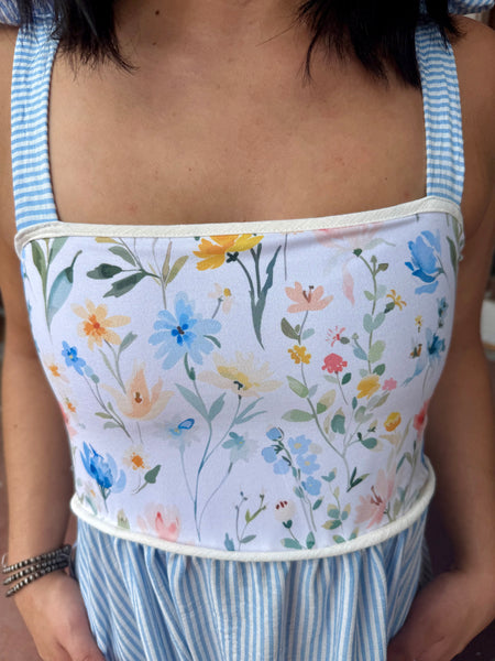 Light Blue Floral Print Dress w/ Tied Bow Straps