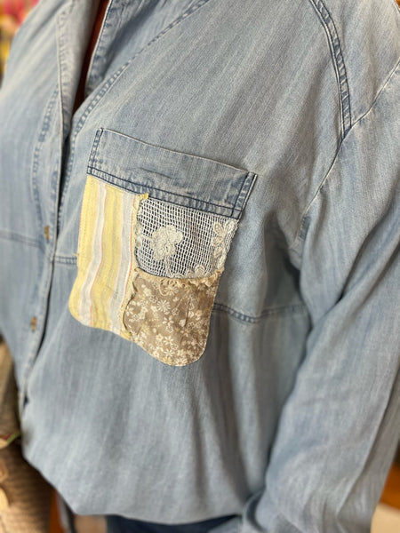 Light Denim Chambray LS Mix Match Patch Top Plus Size