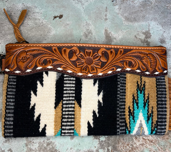 Tan/Grey/Turquoise/White Aztec Saddle Blanket Wristlet w/ Tooled Leather & Fringe