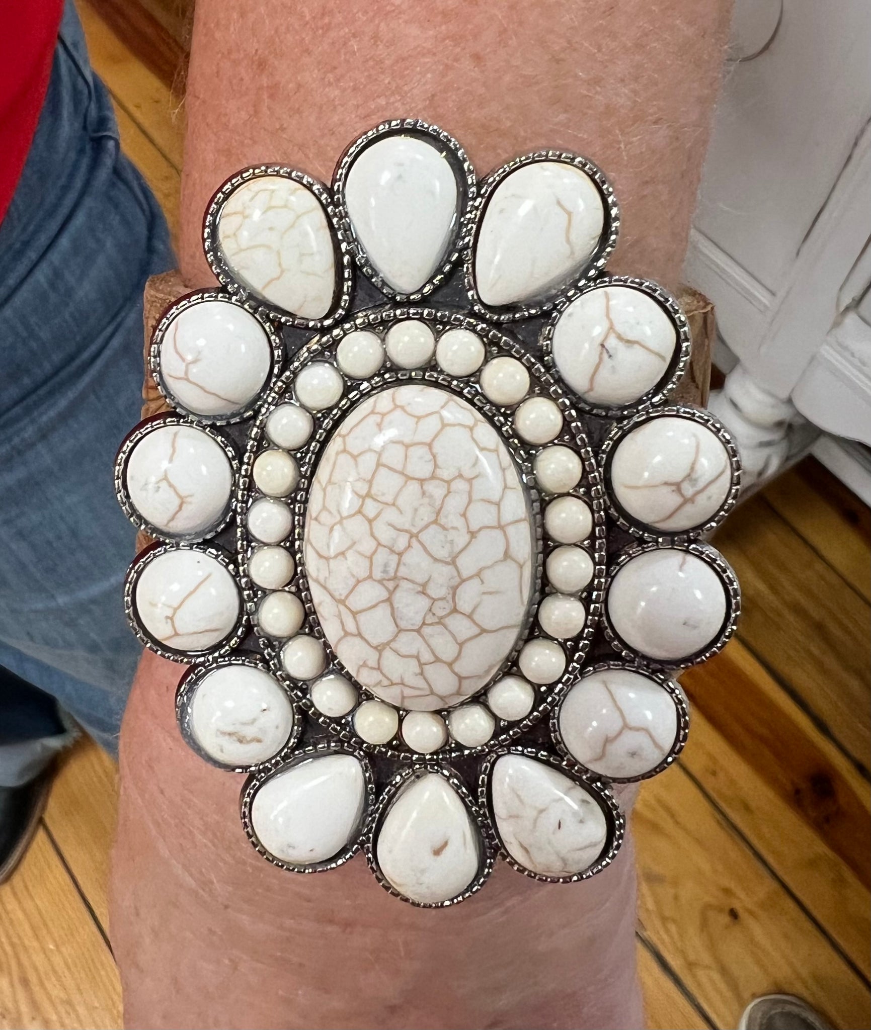 Large Off White Concho w/ Light Brown Tooled Leather Cuff