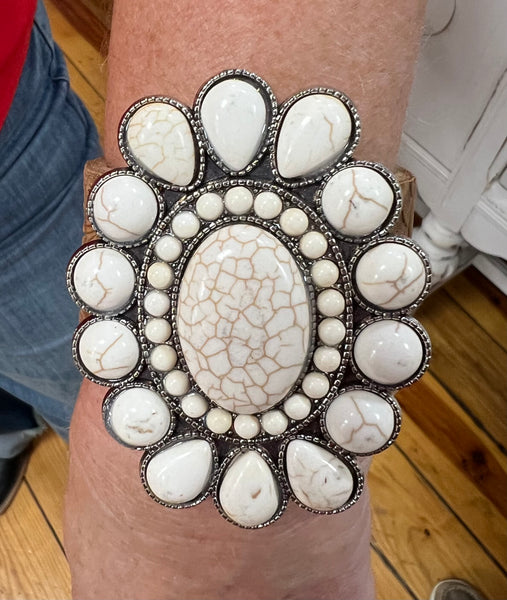 Large Off White Concho w/ Light Brown Tooled Leather Cuff