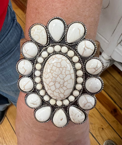 Large Off White Concho w/ Light Brown Tooled Leather Cuff