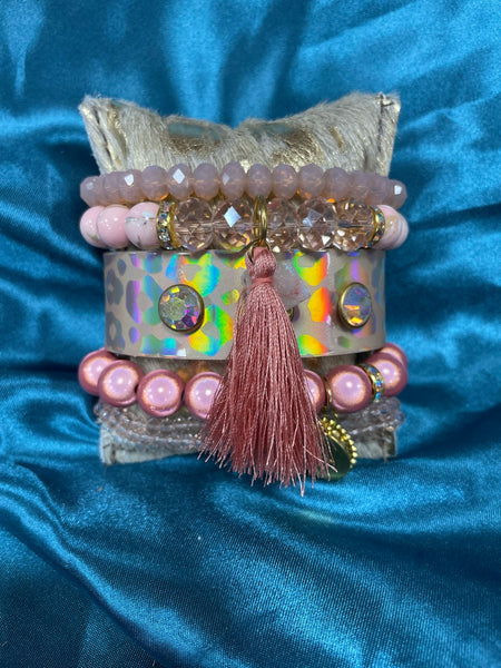 Light Pink Bracelet Stack w/ Charms, Leather Cuff & Bling on HOH Pillow