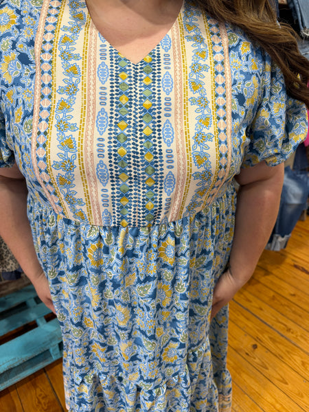 Blue V Neck Baby Doll Flutter Sleeve Floral Print Dress Plus Size