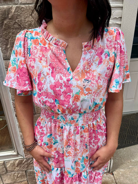 Coral Frill Hem Floral Print Sun Dress
