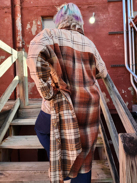 Rust/Taupe Flannel Plaid Check Long Duster Plus Size