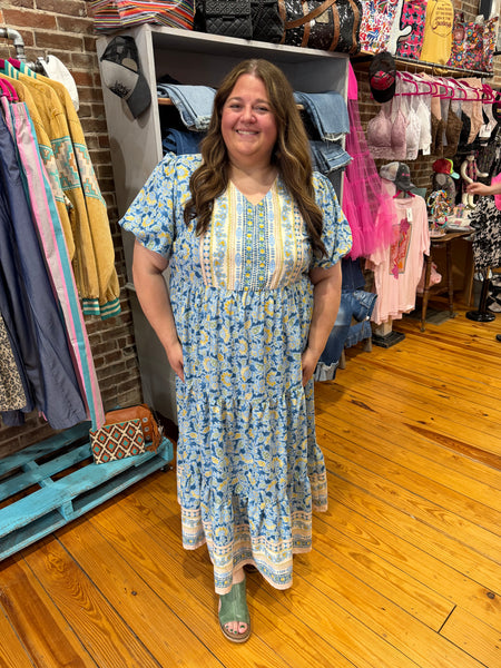 Blue V Neck Baby Doll Flutter Sleeve Floral Print Dress Plus Size