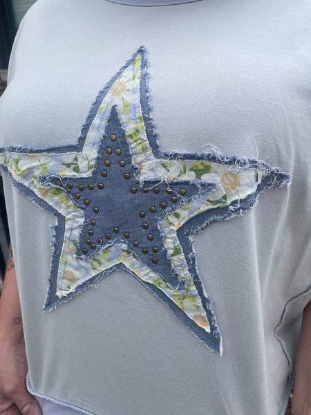 Lt. Blue Short Sleeve Star Patch Top