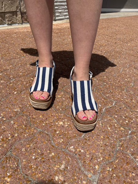 Corkys Freddie Wedge Navy Natural Stripe