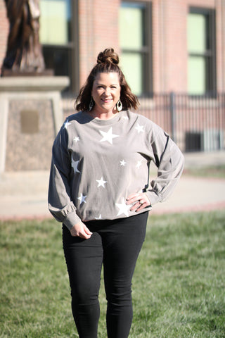 Ash Long Sleeve Star Printed Mineral Wash Top Plus Size