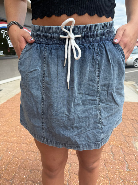 Midnight Denim Chambray Elastic Adjustable Waist Skort