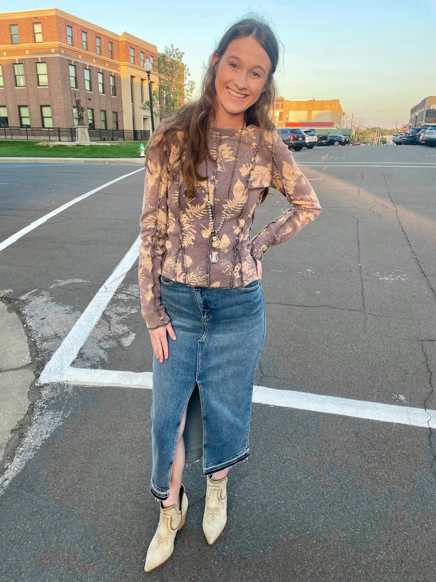 Medium Denim High Rise Midi Skirt w/ Crossover Button Fly