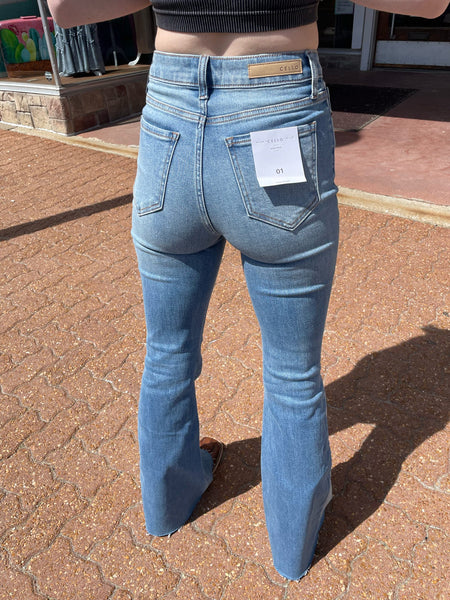 Medium Denim High Rise Super Flare Jean w/ Side Insert