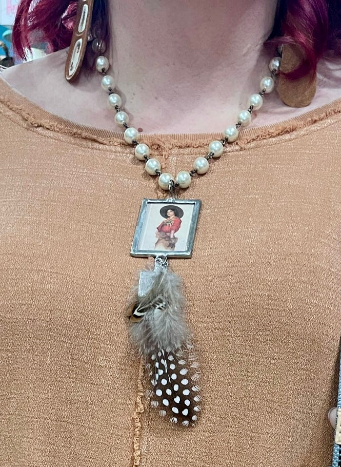 Vintage Cowgirl Pendant on Pearls Necklace