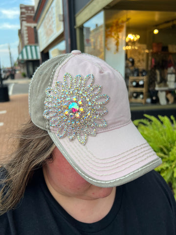 XL Glass Silver AB Crystal Flower Two Tone High Contrast Ball Cap light pink/moss silver/ab
