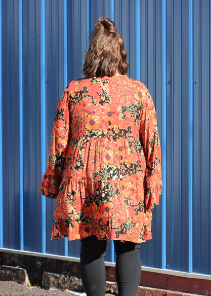 Black/Orange Bell Sleeves Floral Dress Plus Size